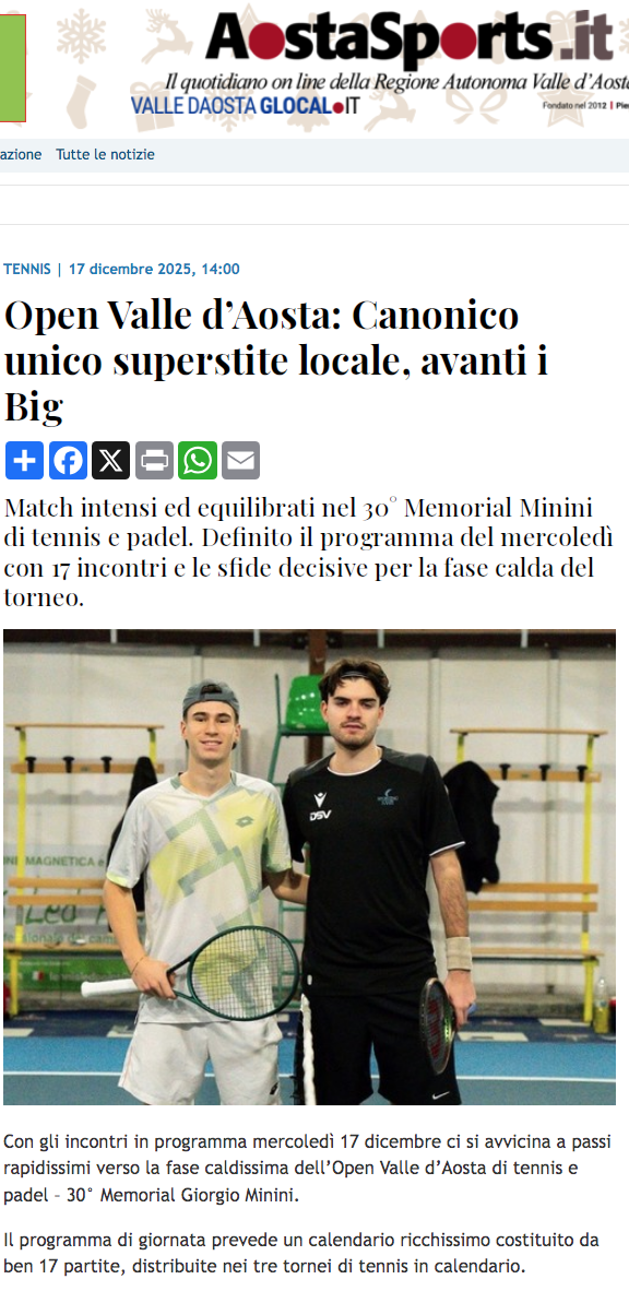 Open Valle d'Aosta: Canonico unico superstite locale, avanti i big